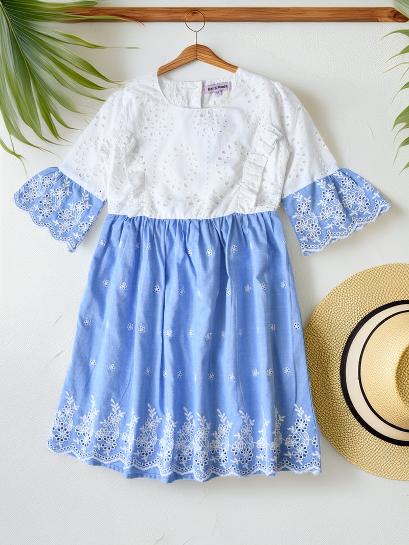 Bella Moda Blue Floral Embroidered Dress for Girls